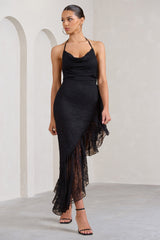 Ladyship | Black Lace Asymmetric Ruffled Maxi Dress