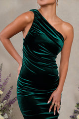 Late Night | Bottle Green Velvet Maternity Ruched One Shoulder Midi Dress