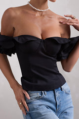 Naturally | Black Cotton-Blend Structured Bardot Top