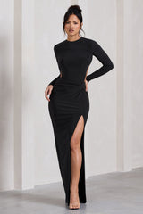 Miley | Black Long-Sleeve Open-Back Wrap Maxi Dress