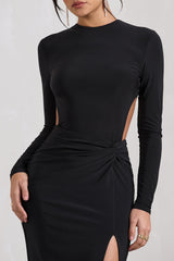 Miley | Black Long-Sleeve Open-Back Wrap Maxi Dress