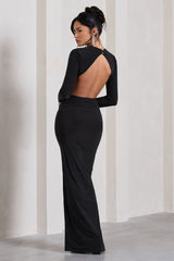 Miley | Black Long-Sleeve Open-Back Wrap Maxi Dress