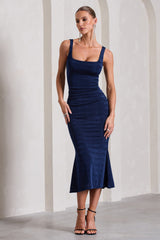 Evora | Navy Ruched Square-Neck Midi Dress