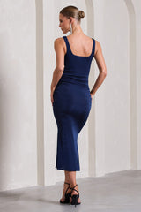 Evora | Navy Ruched Square-Neck Midi Dress