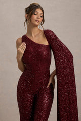 Star Seeker | Port Sequin One-Shoulder Cape Sleeve Jumpsuit