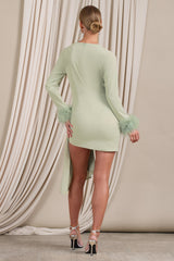 Mae | Mint Wrap Mini Dress With Drape And Feather Cuffs