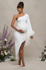 With A Flourish | White Asymmetric One-Sleeved Maternity Maxi Dress With Feathers