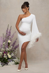 With A Flourish | White Asymmetric One-Sleeved Maternity Maxi Dress With Feathers