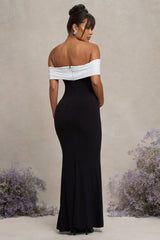 In Bloom | Black & White Bardot Maternity Maxi Dress With Flower