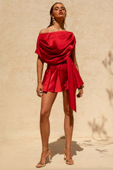 Clydie | Red Satin Asymmetric Playsuit With Tie-Waist