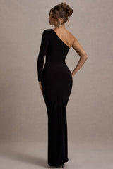 Doll | Black Asymmetric One Sleeve Ruched Maxi Dress