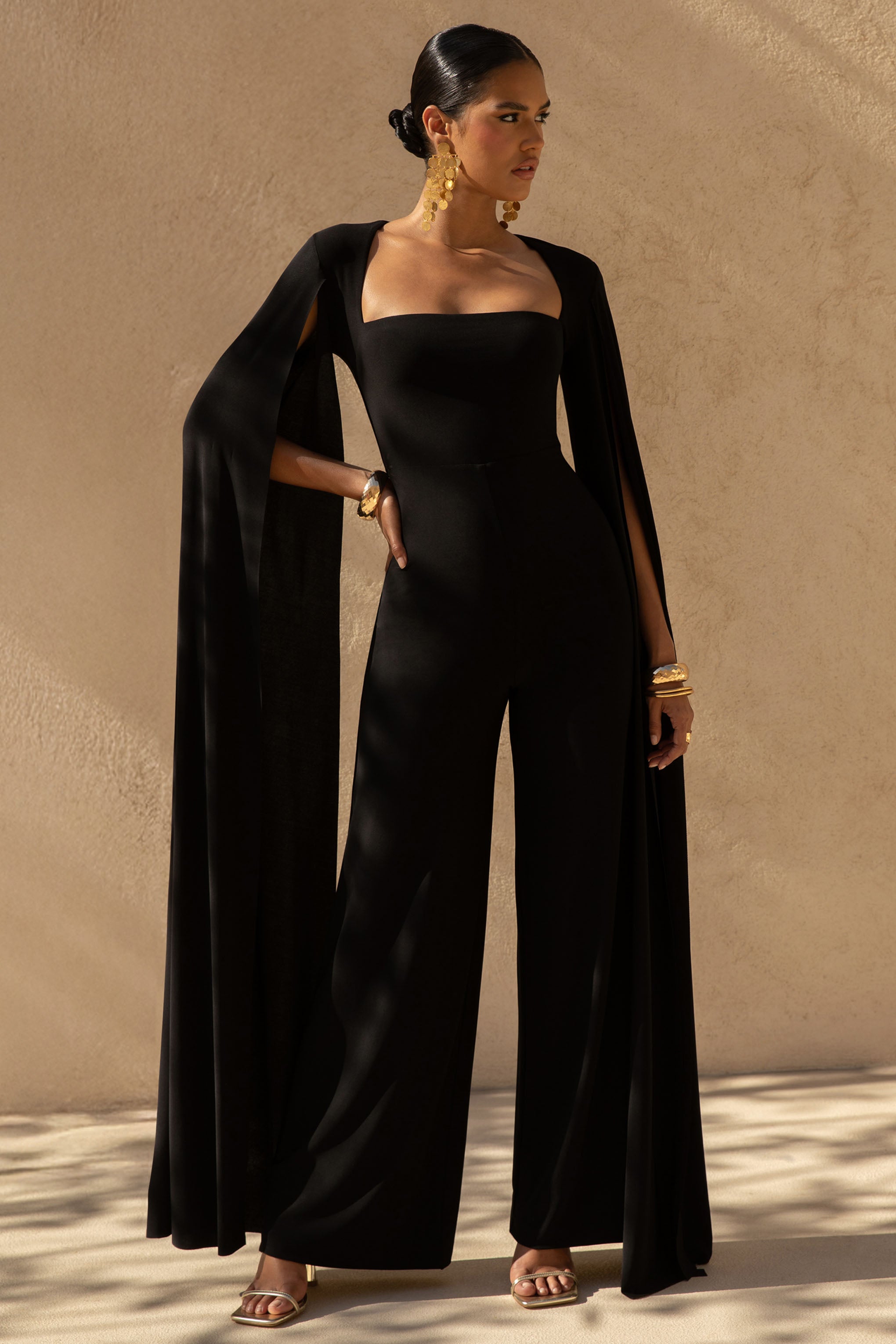 Zara | Black Square-Neck Jumpsuit With Cape Sleeves
