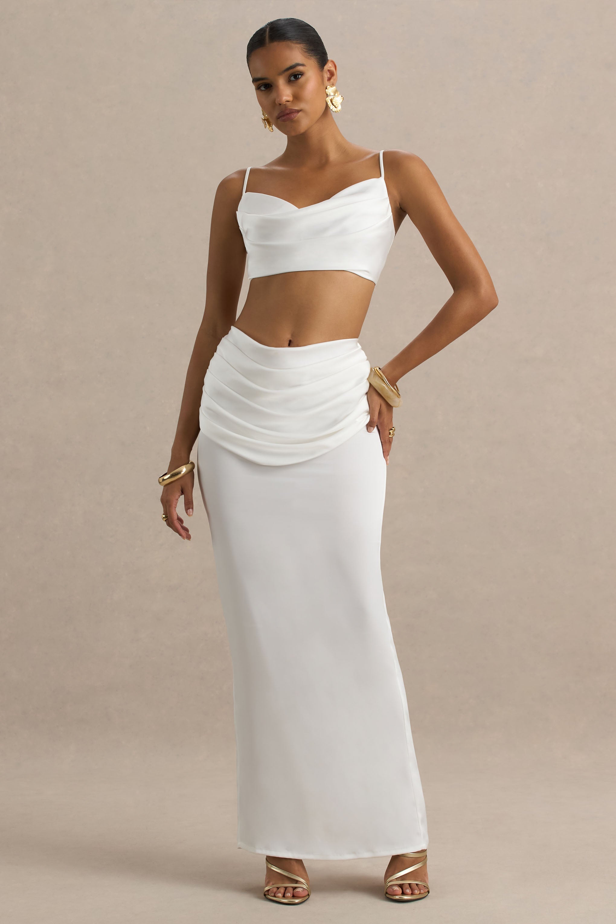 Rosita | White Ruched Maxi Skirt