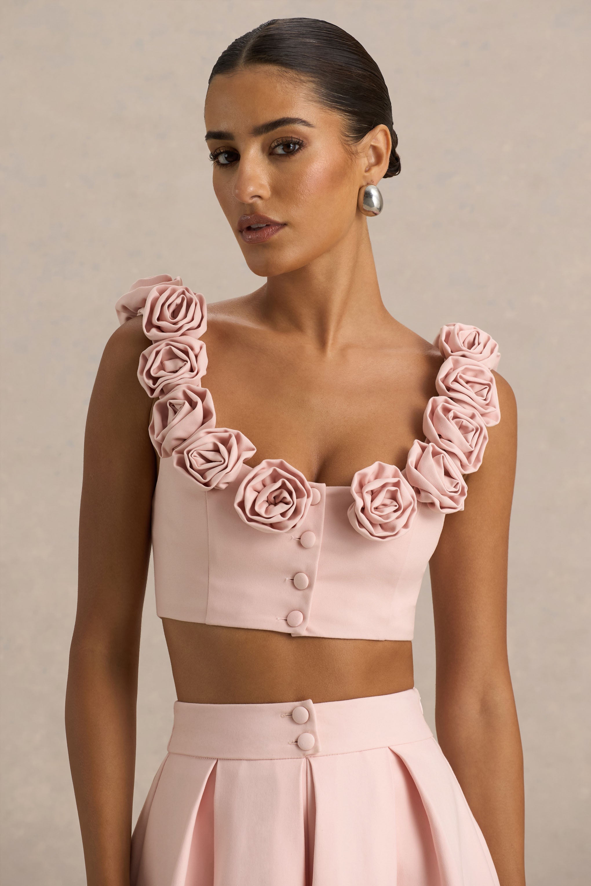 Blade | Baby Pink Scoop-Neck Crop Top With Corsage Details