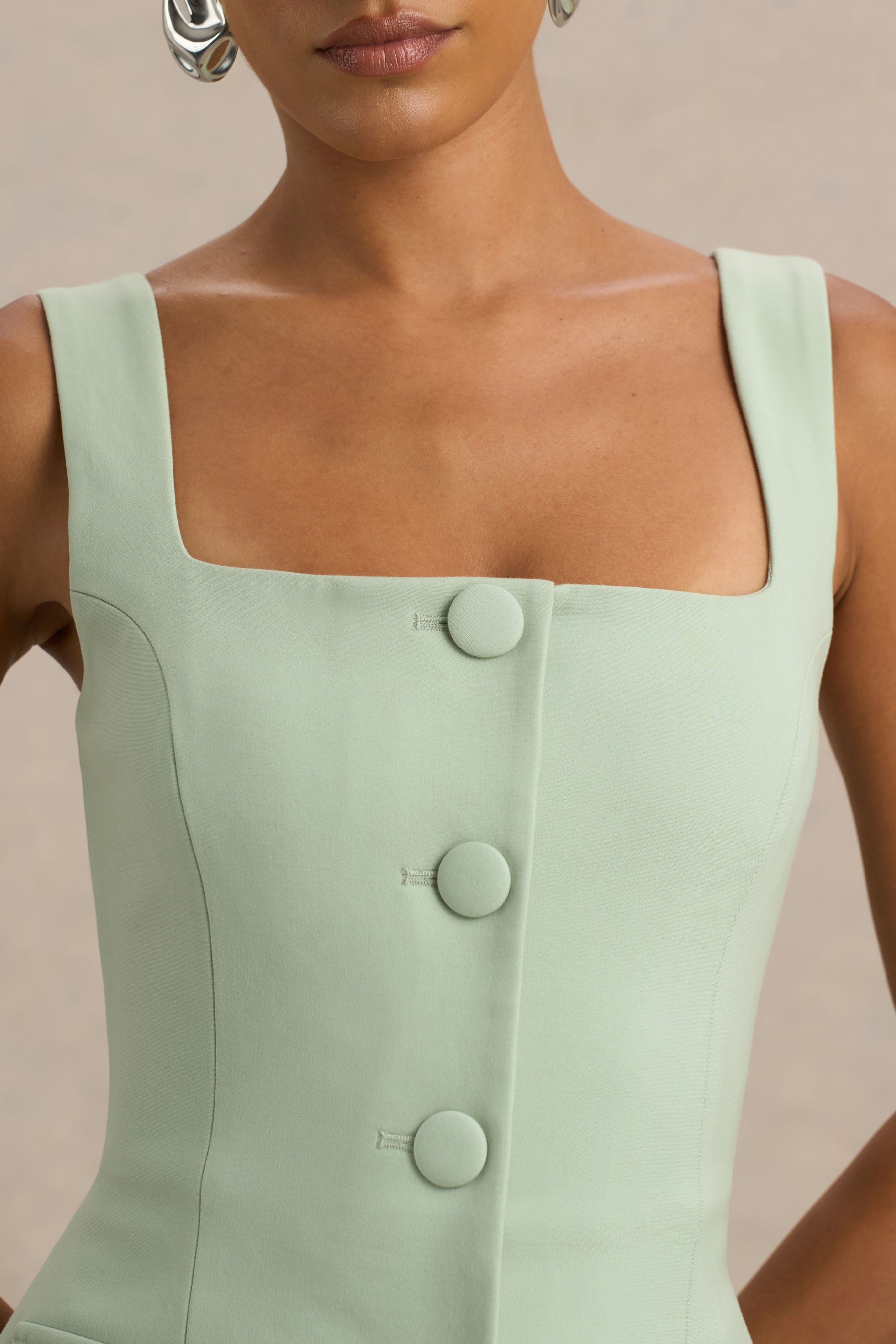 Aceline | Light Green Square-Neck Tailored Jumpsuit